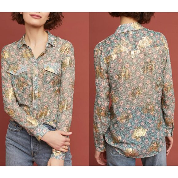 $250 The Kooples Multi Floral Anaheim Silk Button Down Blouse Top size 2/Medium - Picture 1 of 11